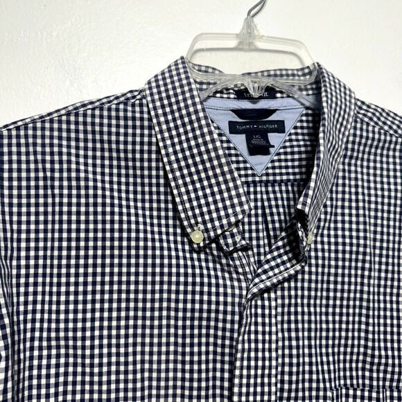 Tommy Hilfiger Button Up Trim Fit Plaid Shirt Dark Navy Casual Top Men sz Large - Picture 2 of 7